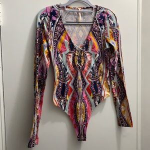 Free people paisley printed lace up bodysuit